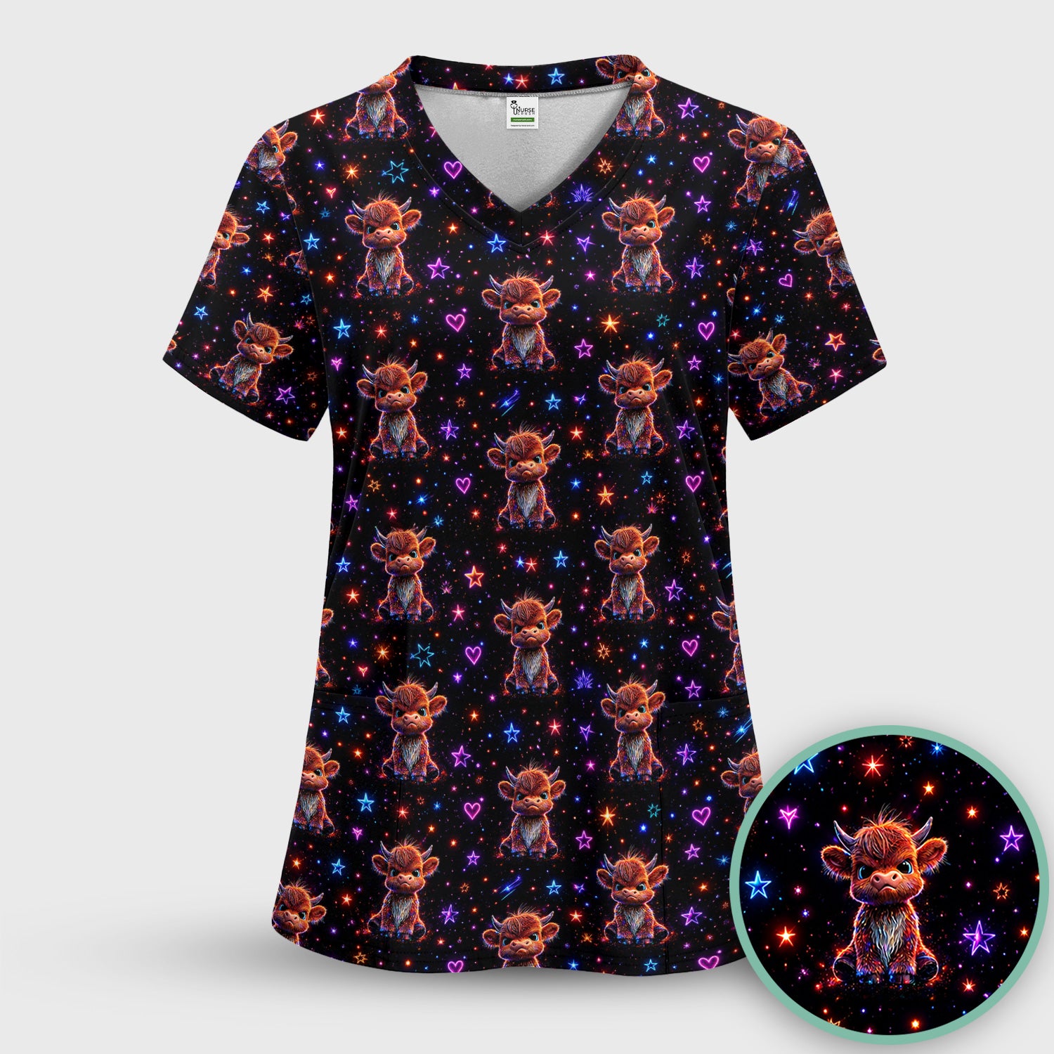 Neon Highland Cow Stars Pattern Scrub Top, Comfortable Scrubs for Nurses