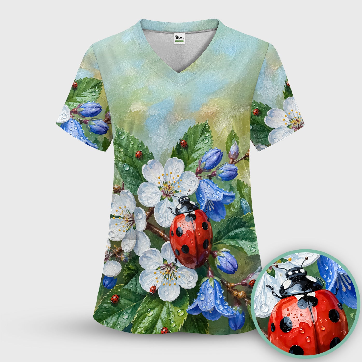Cute Ladybug Blossom Garden Pattern Scrub Top, Comfortable Scrubs for Nurses