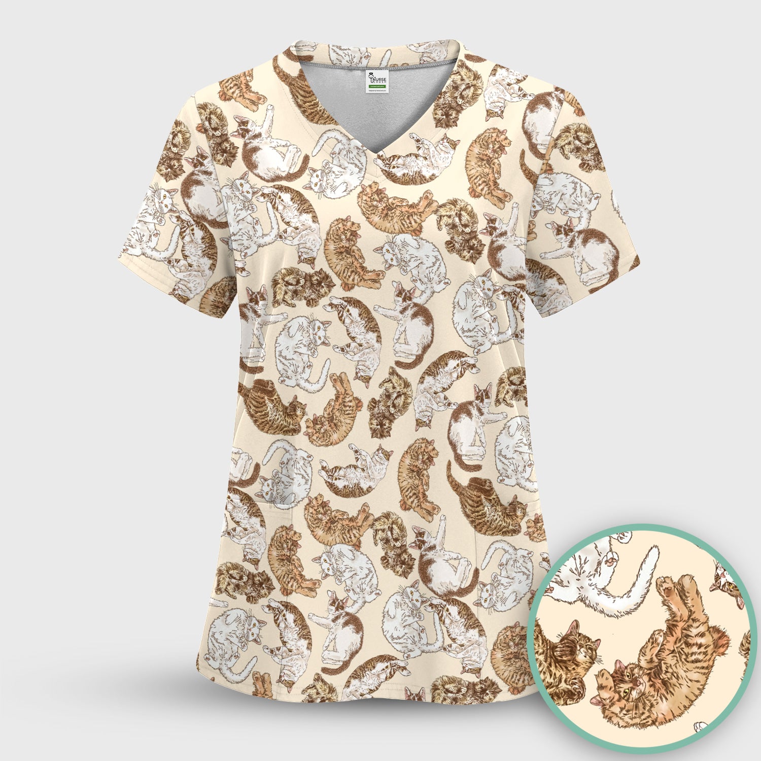 Cute Lazy Cat Nap Pattern Scrub Top, Comfortable Scrubs for Nurses