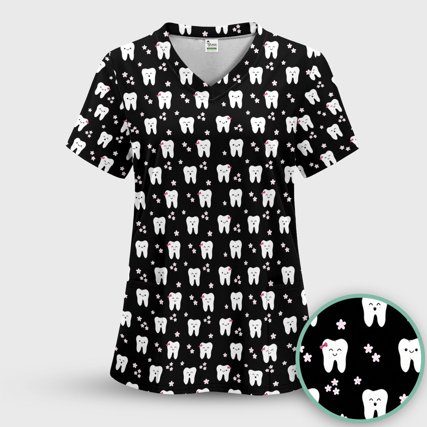 Cute Smiling Tooth And Flowers Scrub Top, Comfortable Scrubs for Nurses