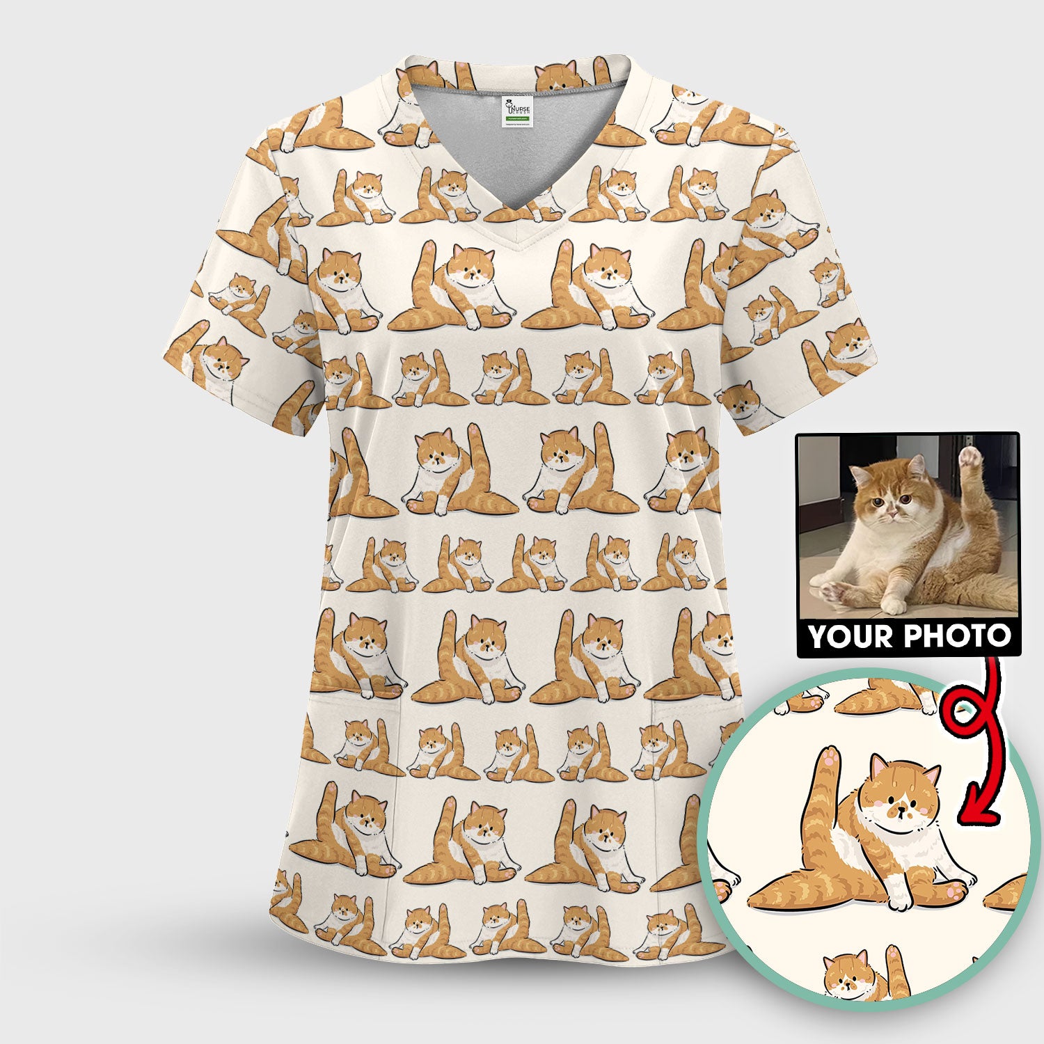 Personalized Cute Cat Nurse Scrub Top, Custom Cat Photo Pattern Medical Shirt For Pet Lover, Breathable Fabrics Nursing Uniform
