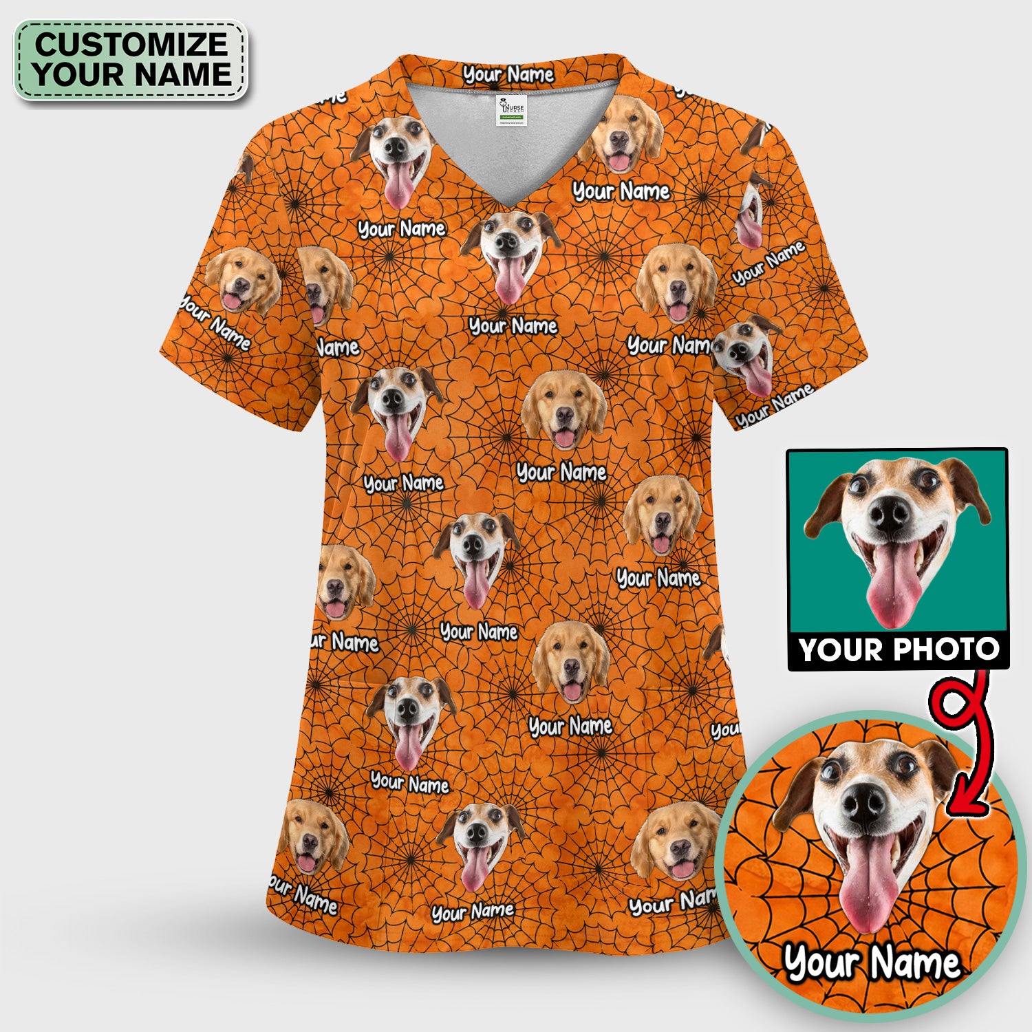 Personalized Halloween Dog Photo Spiderweb Scrub Set, Scrub Pants and V Neck Top