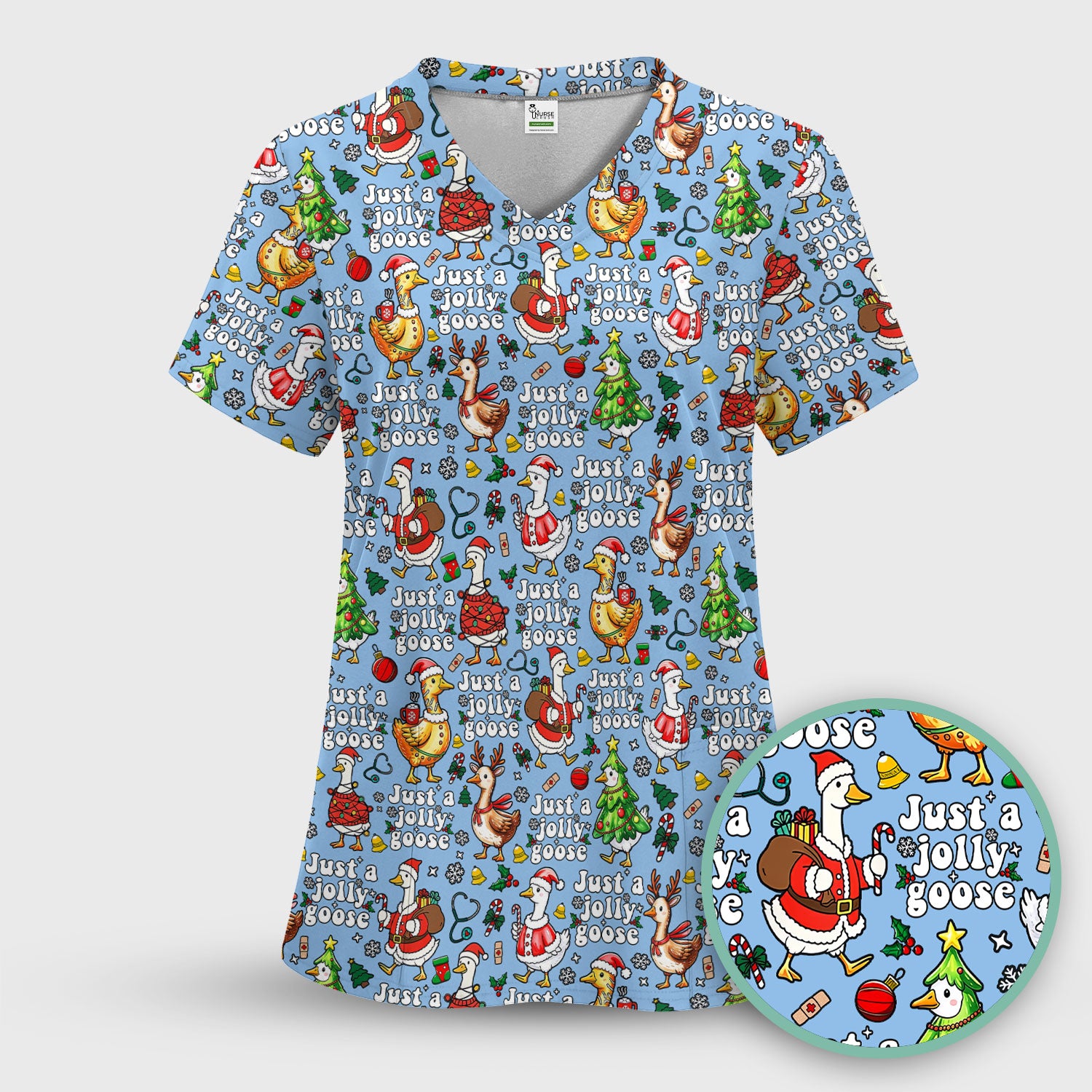 Christmas Goose Scrub Top for Nurse - Funny Jolly Holiday Medical Shirt for Women