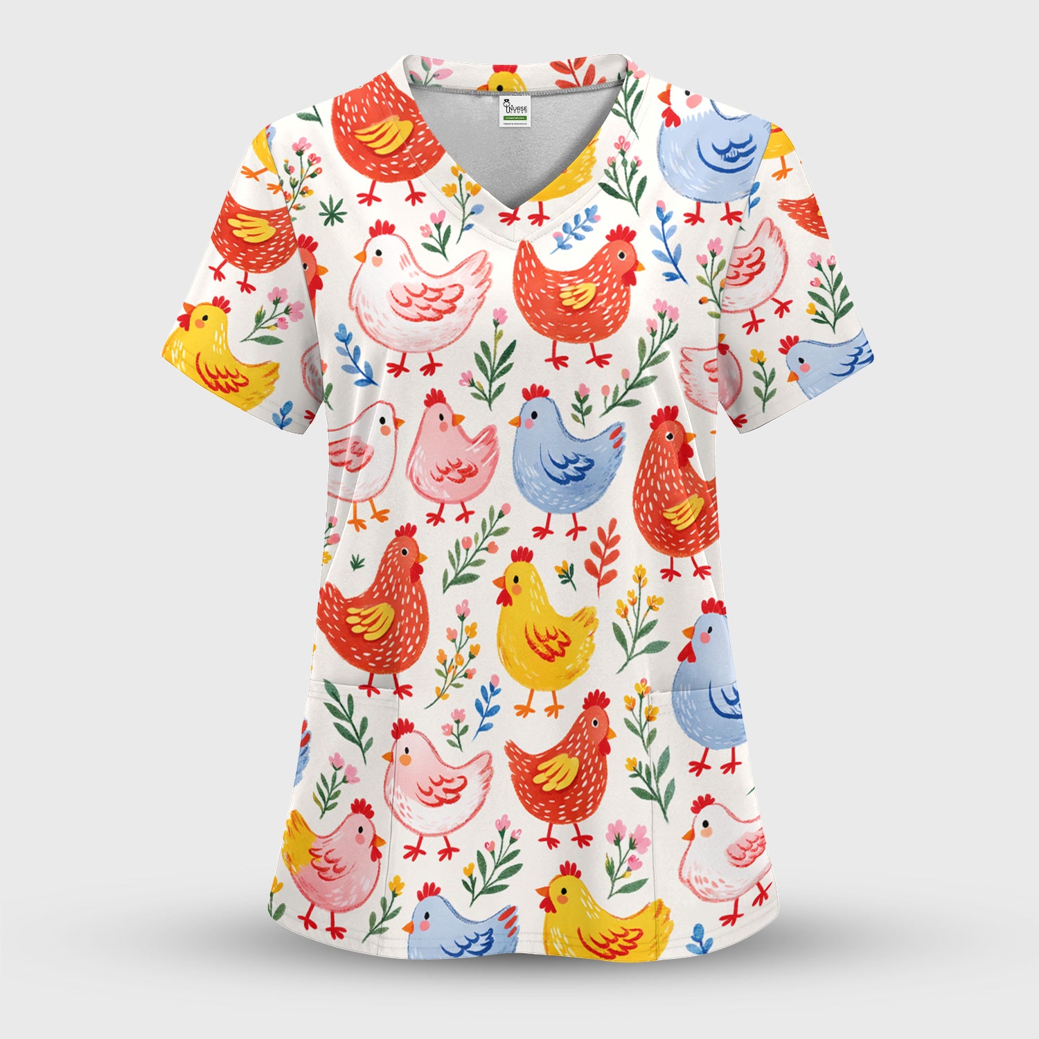 Fun Cartoon Hen Print Scrub Set, Scrub Pants and V Neck Top