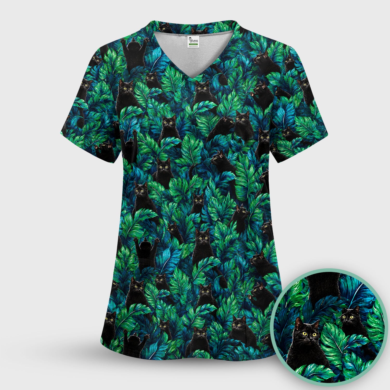 Black Cat Tropical Jungle Leaves Pattern Scrub Top, Comfortable Scrubs for Nurses