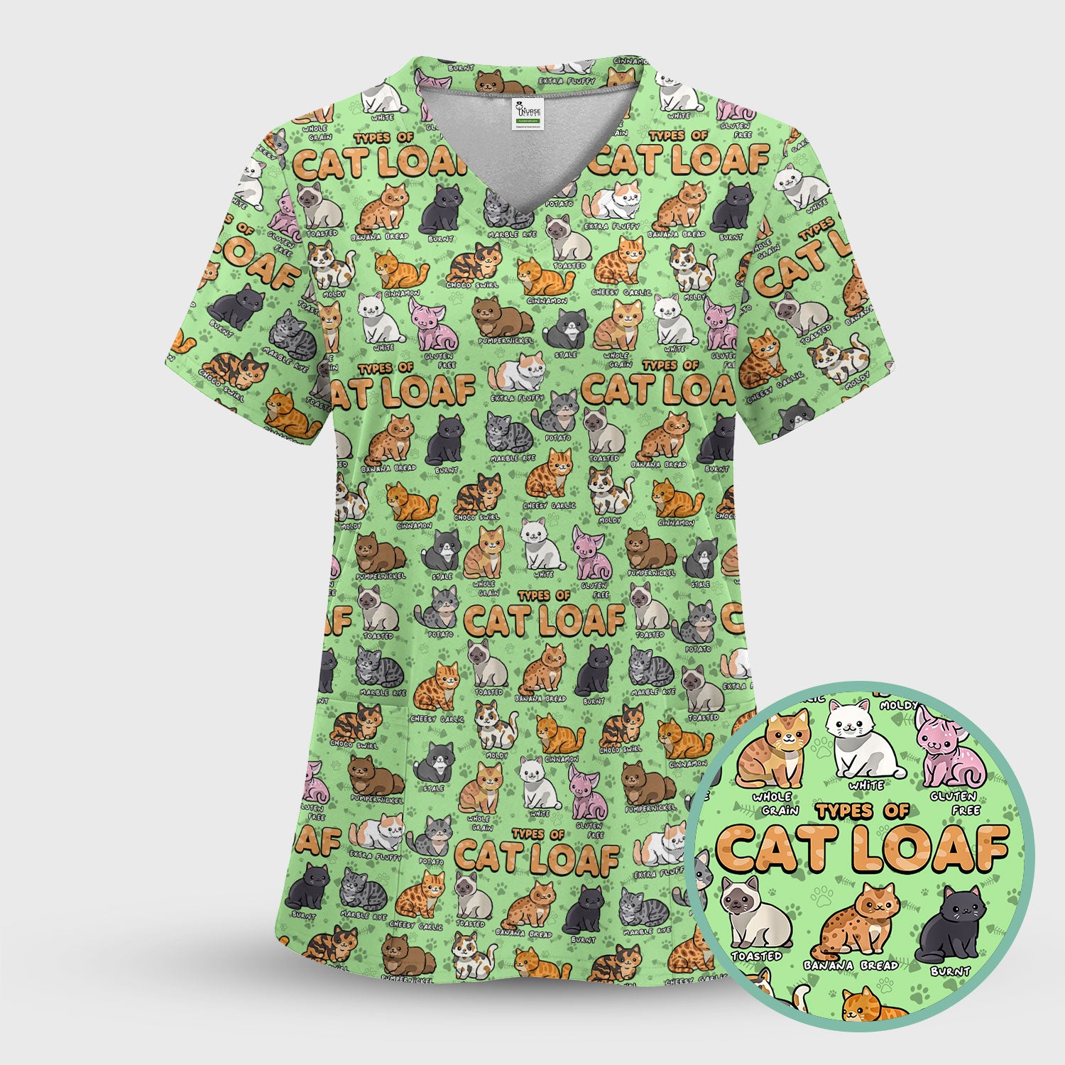 Funny Cat Loaf Nurse Scrub Top - Cute Cat Lover Medical Shirt for Women - Types of Cat Loaf RN LPN CNA Uniform Gift