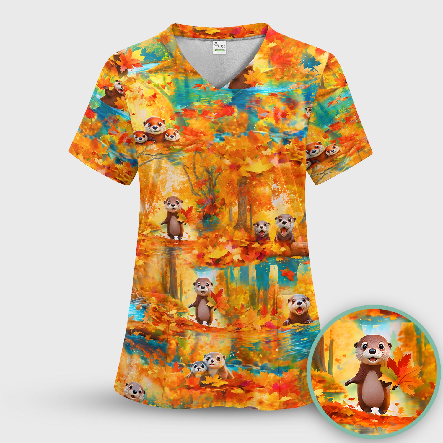 Cute Autumn Otter Leaf Forest Pattern Scrub Top, Comfortable Scrubs for Nurses