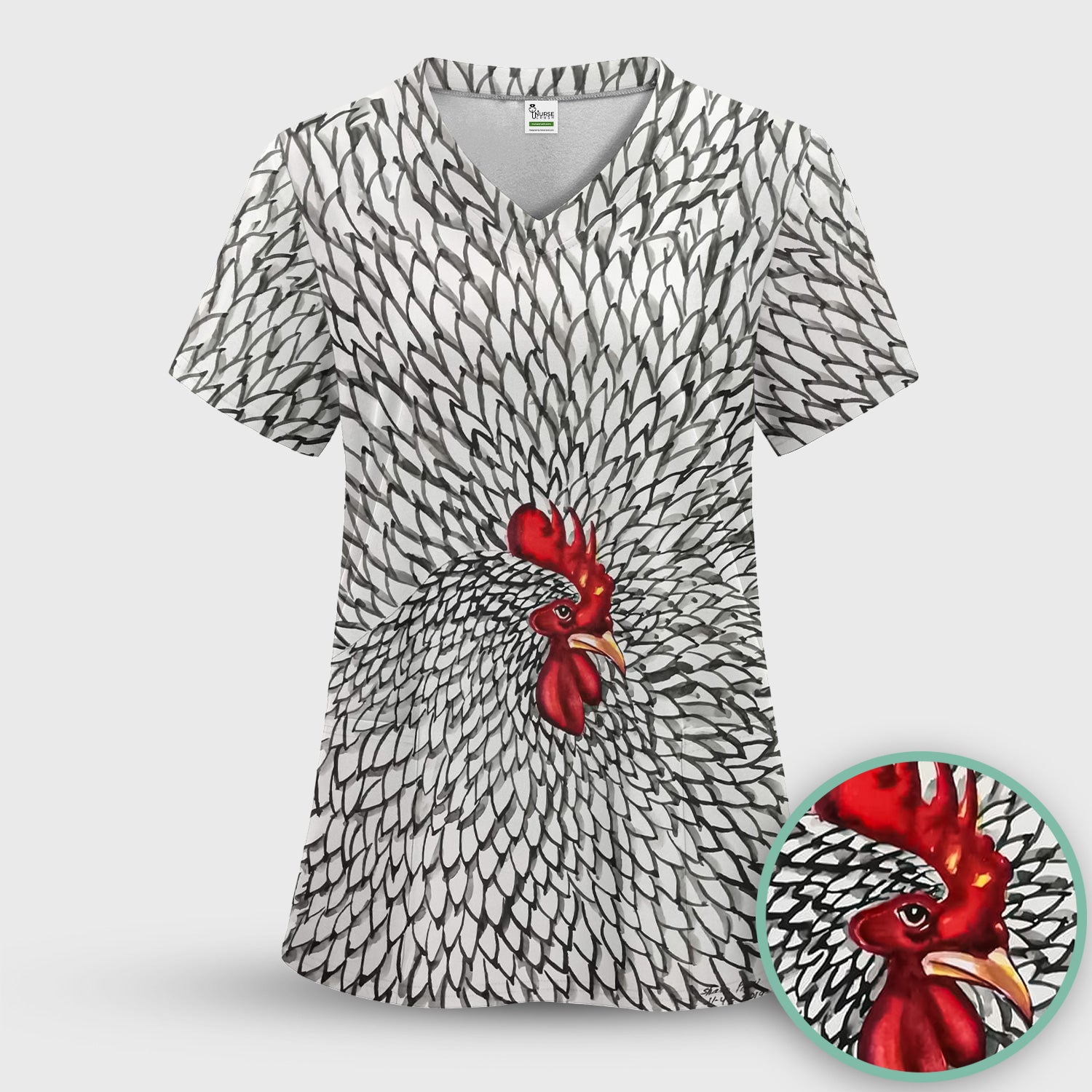 Watercolor Rooster Feather Pattern Scrub Top, Comfortable Scrubs for Nurses