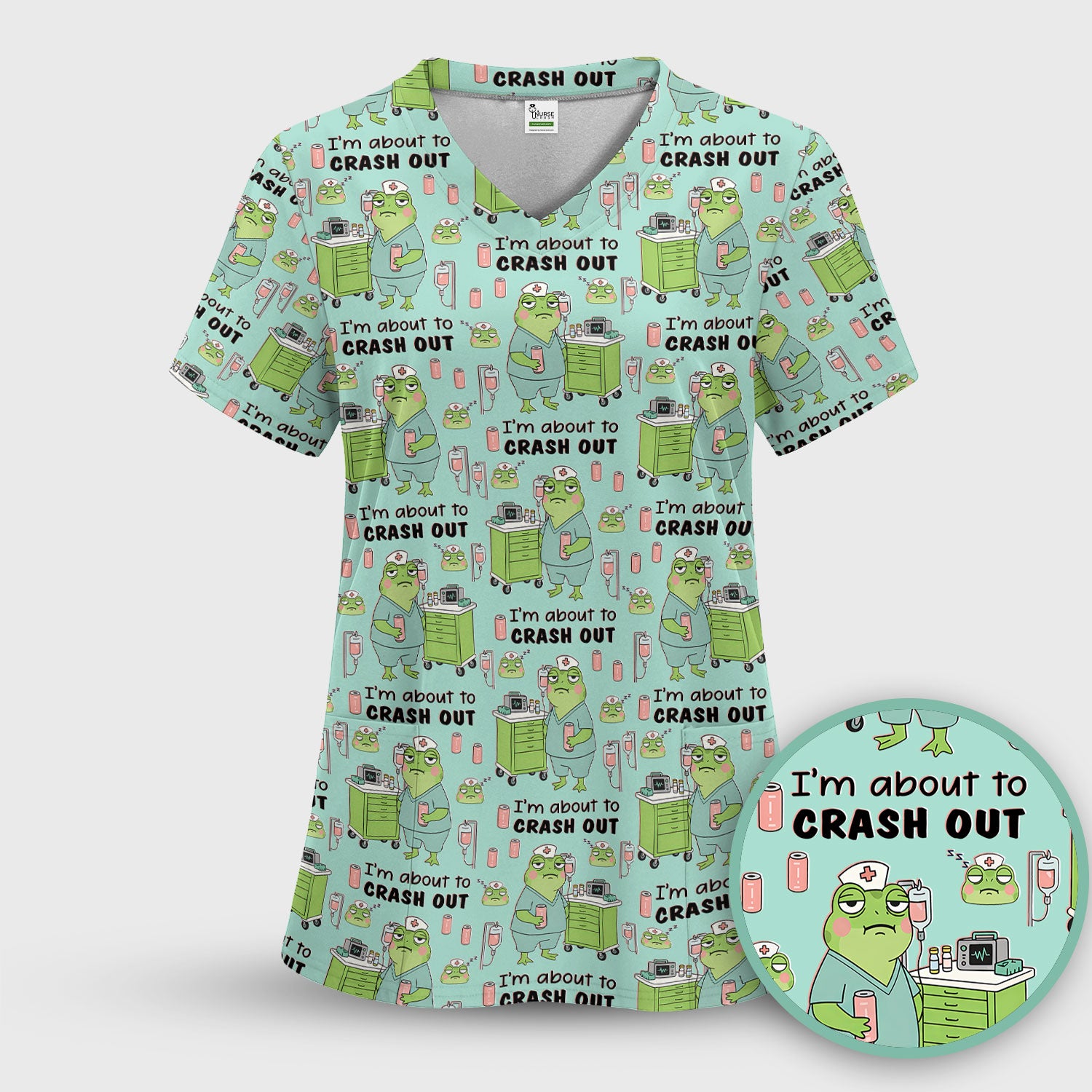 Funny Frog Pattern Nurse Scrub Top, I’m About to Crash Out Nurse Shirt, Breathable Fabrics Nursing Uniform