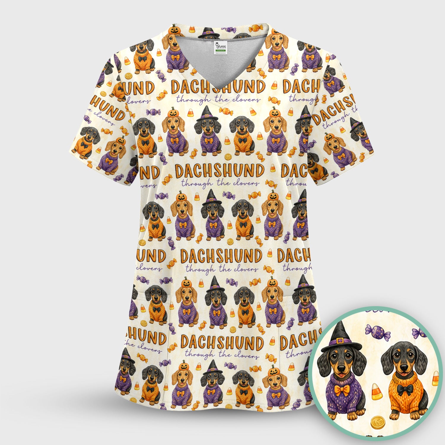 Candy Dachshund Pattern Scrub Set, Scrub Pants and V Neck Top