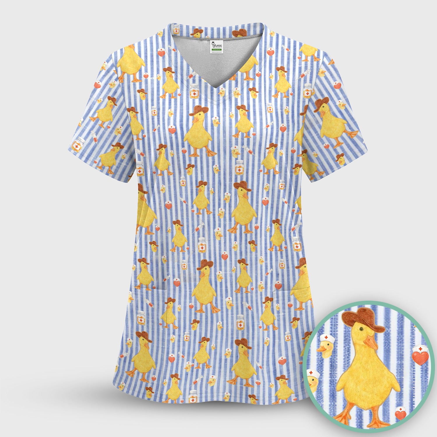 Cowboy Ducktor Vertical Stripe Pattern Scrub Top, Comfortable Scrubs for Nurses