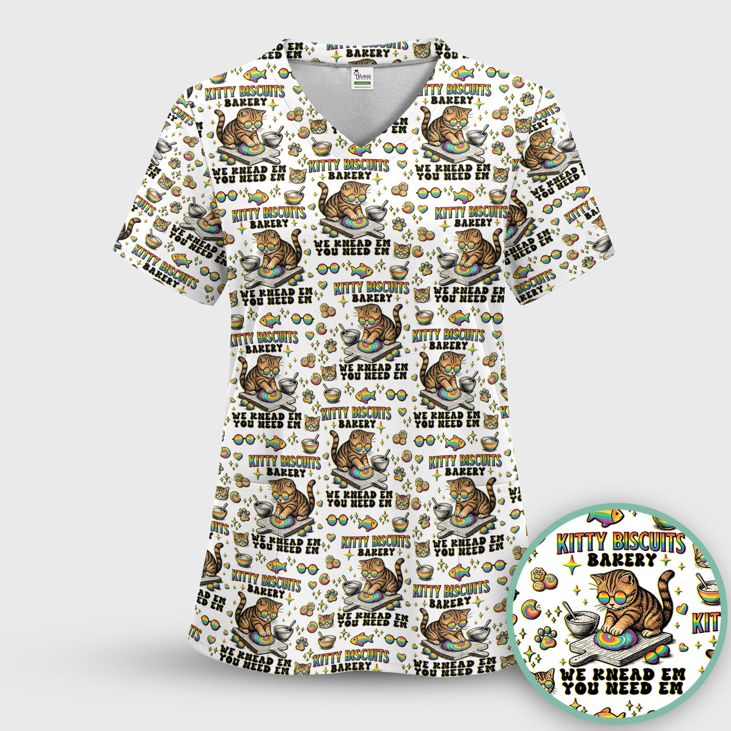 Pride Nurse Cat Baking Rainbow Dough Pattern Scrub Top, Breathable Fabrics Nursing Uniform