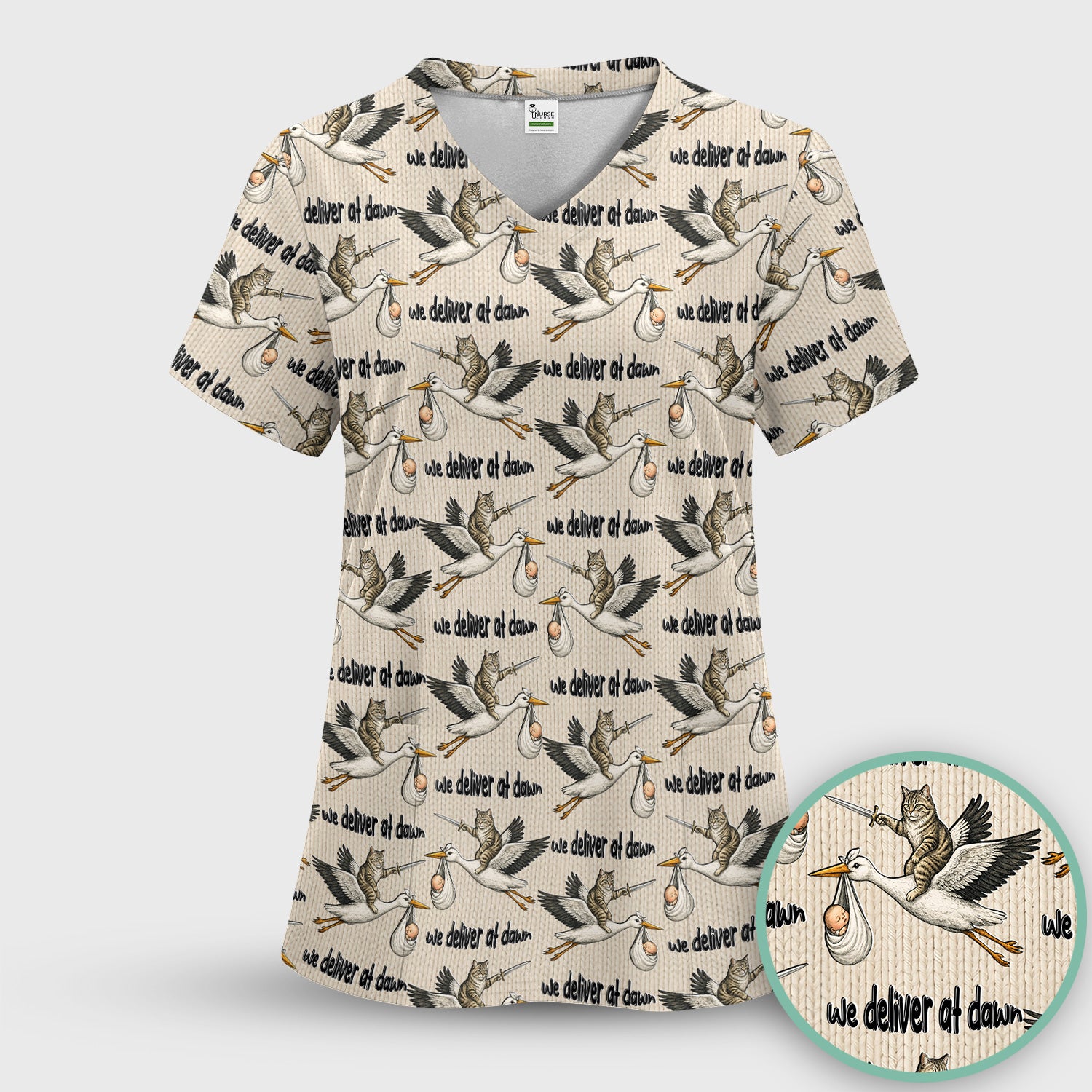 Funny Stork Cat Delivery Pattern Scrub Top, Comfortable Scrubs for Nurses