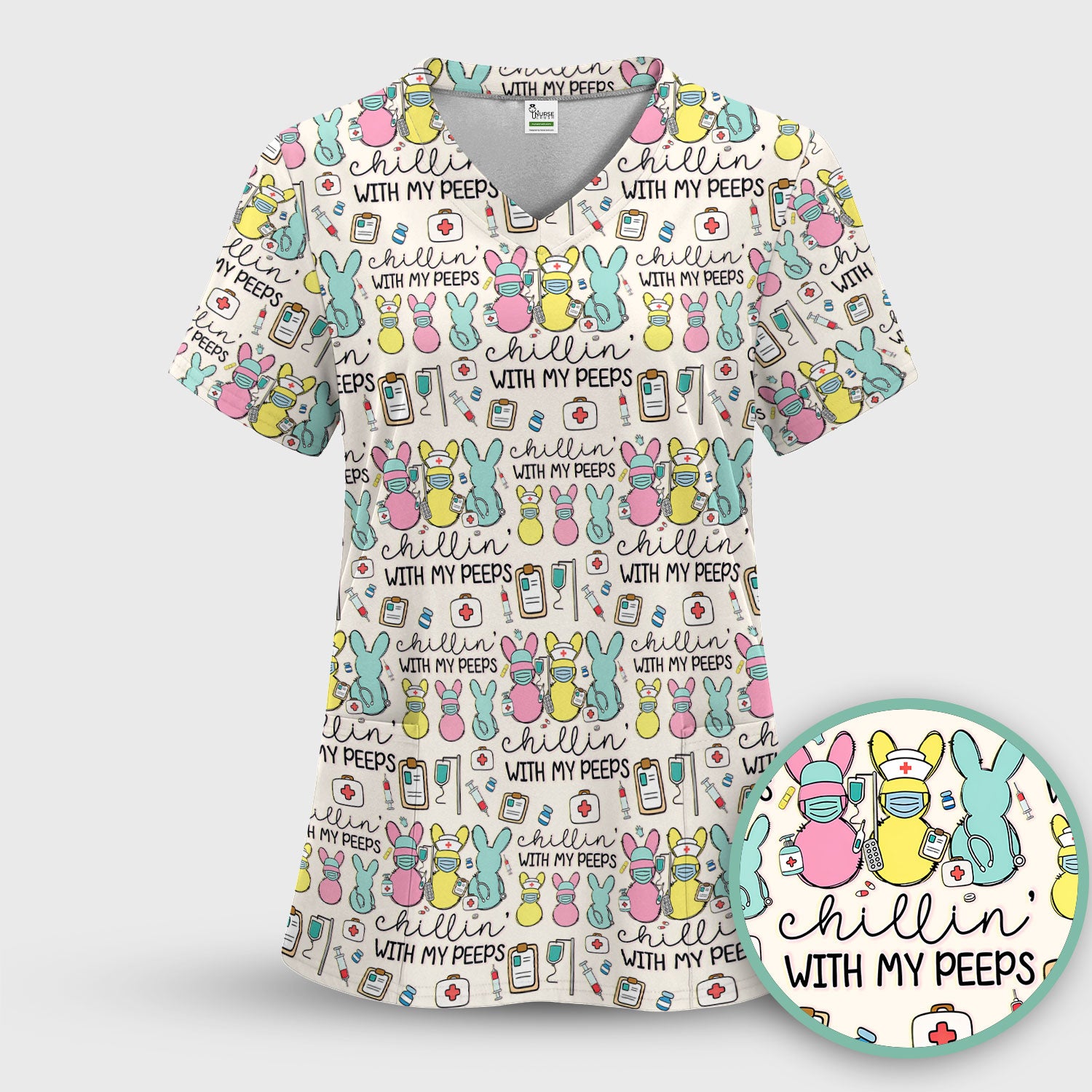 Cute Bunny Nurse Chillin With My Peeps Scrub Top, Comfortable Scrubs for Nurses, Easter
