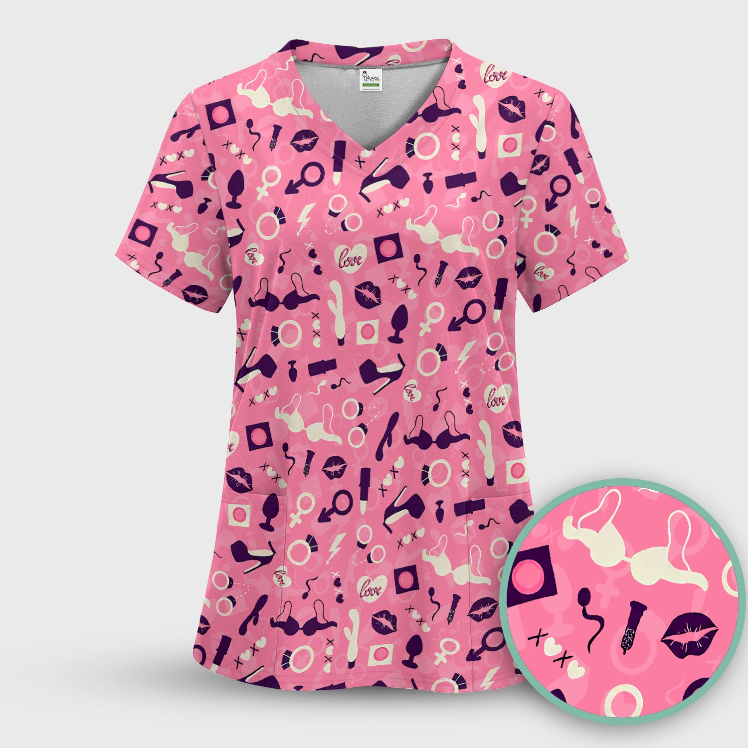 Valentine Pattern Nurse Scrub Top, Pink Love Nurse Shirt, Breathable Fabrics Nursing Uniform