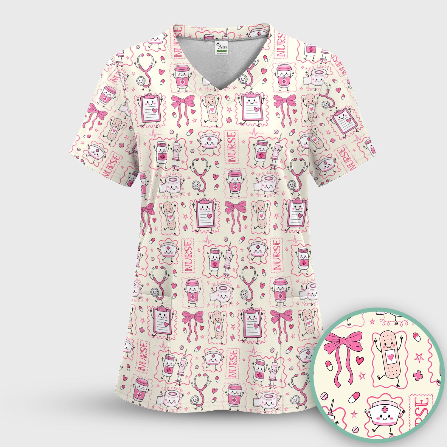 Cute Nurse Doodle with Bandage & Coffee Icons Scrub Top, Comfortable Scrubs for Nurses