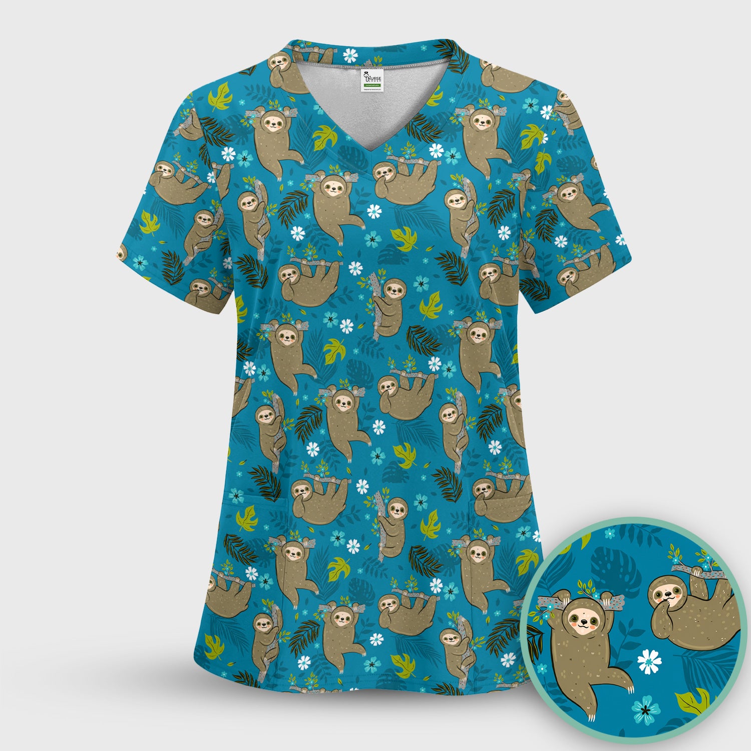 Jungle Tropical Sloth Pattern Scrub Top, Comfortable Scrubs for Nurses