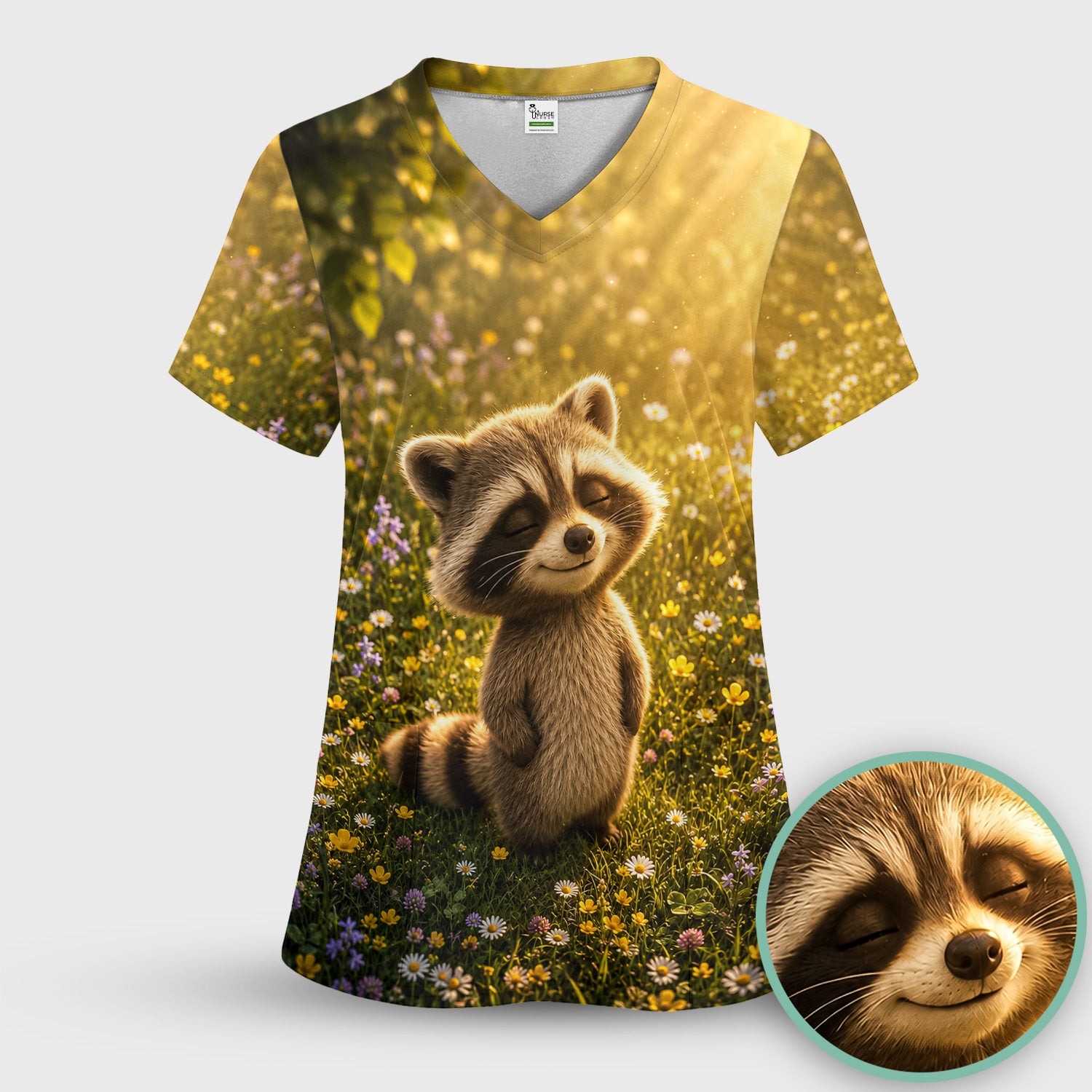 Smiling Raccoon Meadow Flower Pattern Scrub Top, Comfortable Scrubs for Nurses