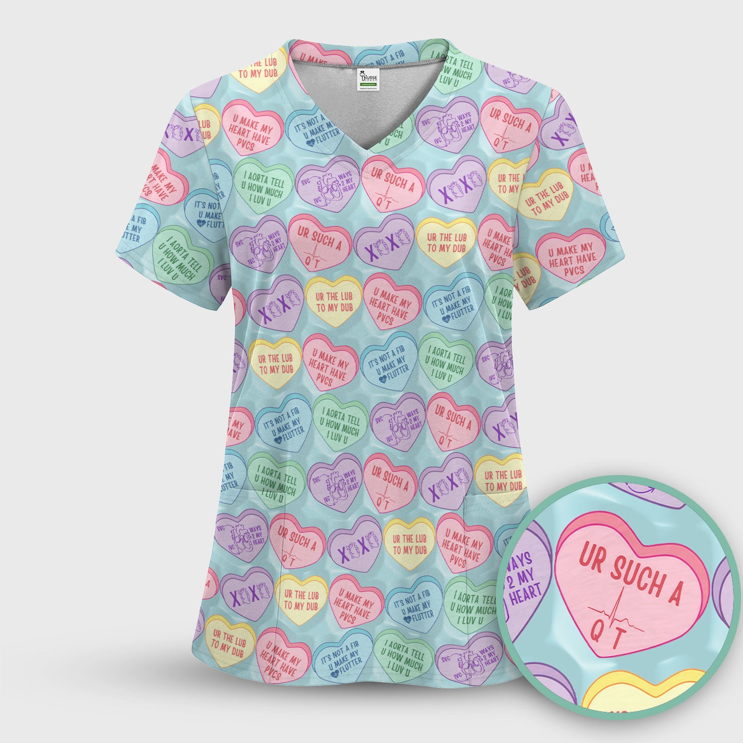 Medical Candy Heart Valentine Pattern Women’s Scrub Sets, Fun Medical Pattern, Breathable Med Uniform