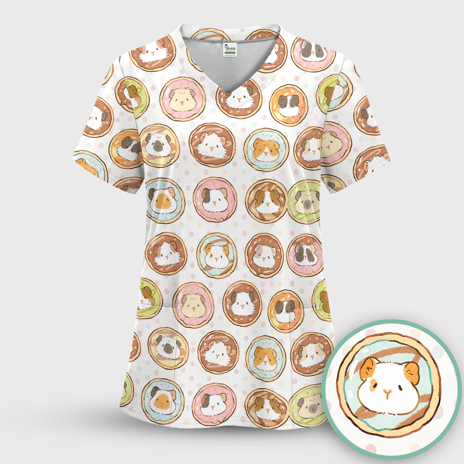 Cute Guinea Pig Donut Circle Pattern Scrub Set, Scrub Pants and V Neck Top