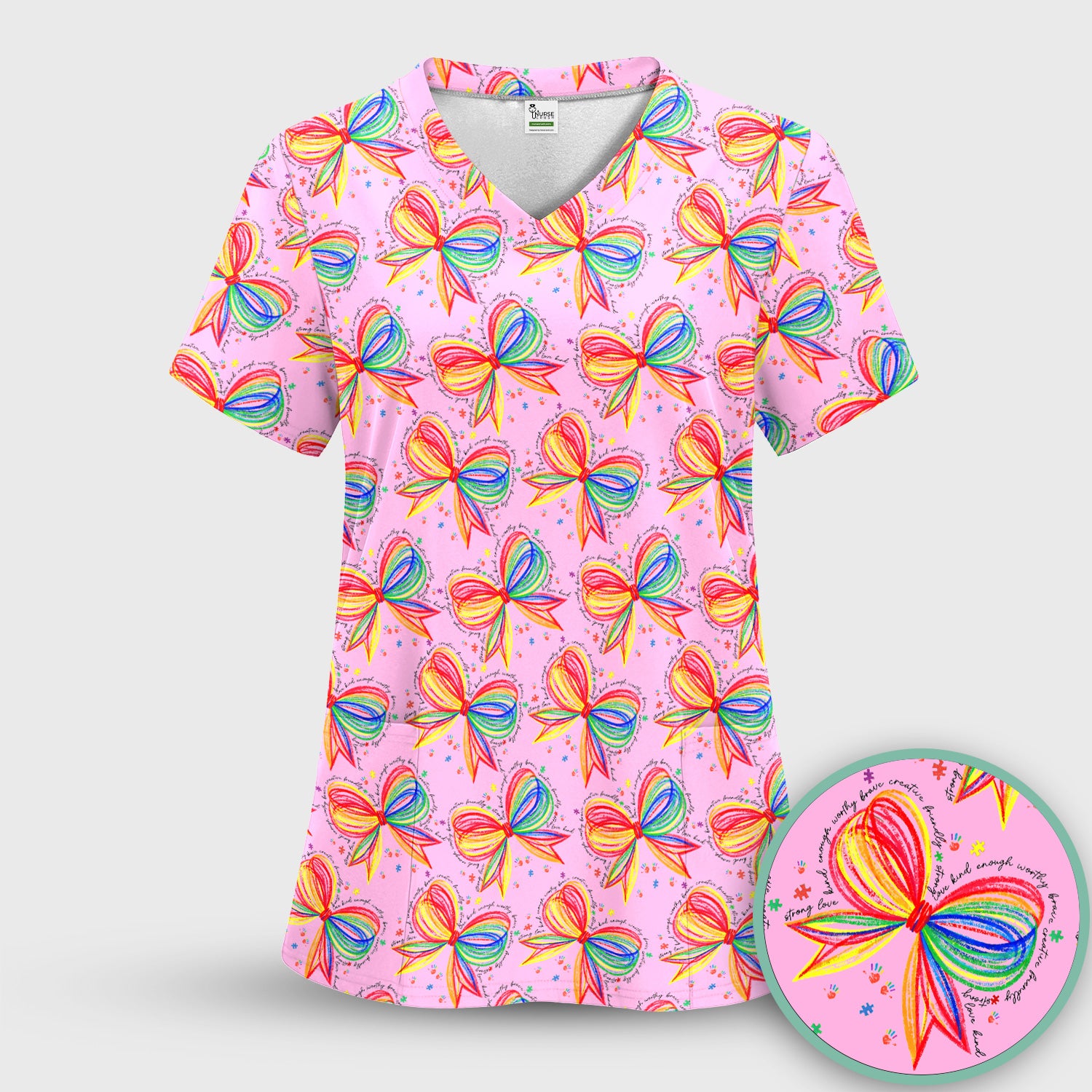 Colorful Rainbow Bow Pattern Scrub Top, Comfortable Scrubs for Nurses