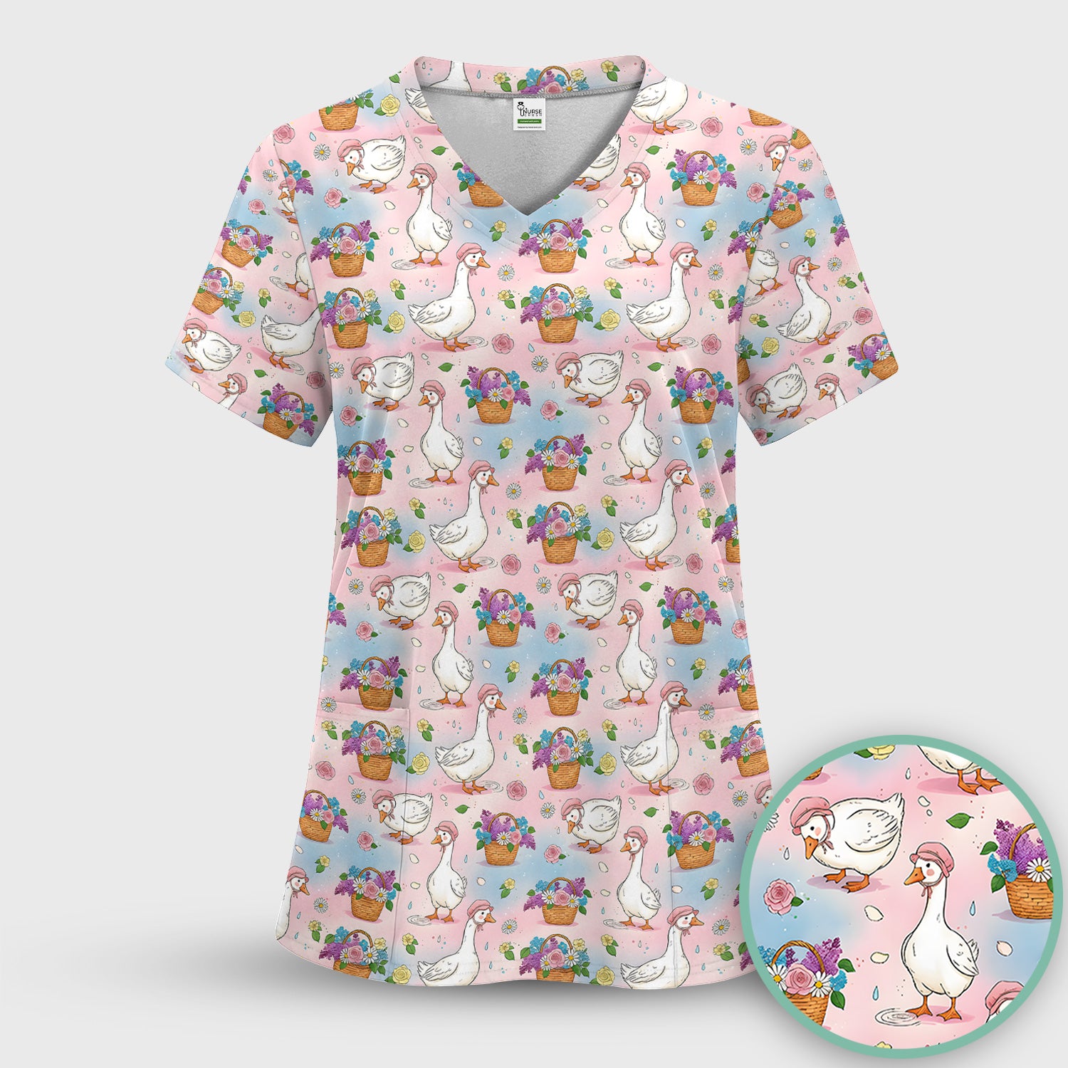 Cute Spring Goose Flower Basket Pattern Scrub Set, Scrub Pants and V Neck Top