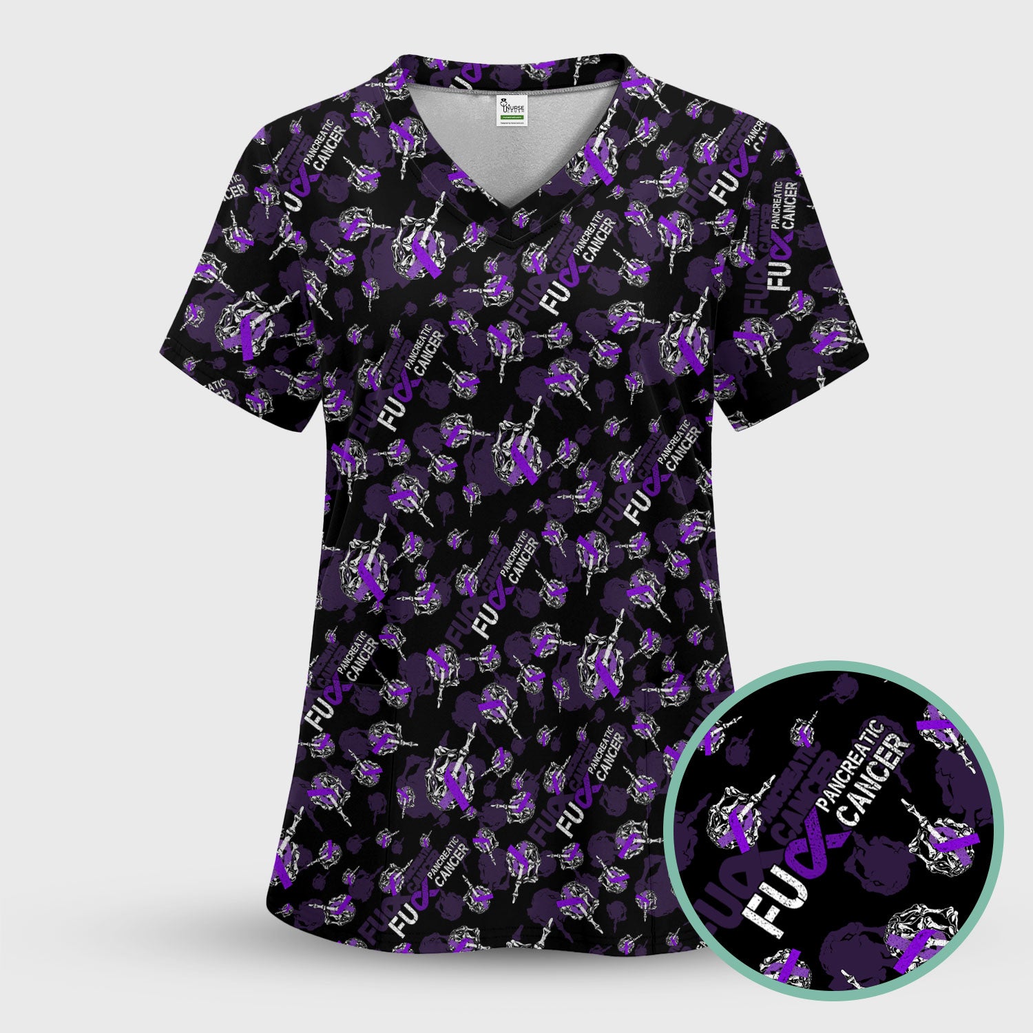 Fuck Pancreatic Cancer Scrub Top - Purple Ribbon Awareness Nurse Shirt - Bold Medical Uniform Gift for Cancer Support Fighters