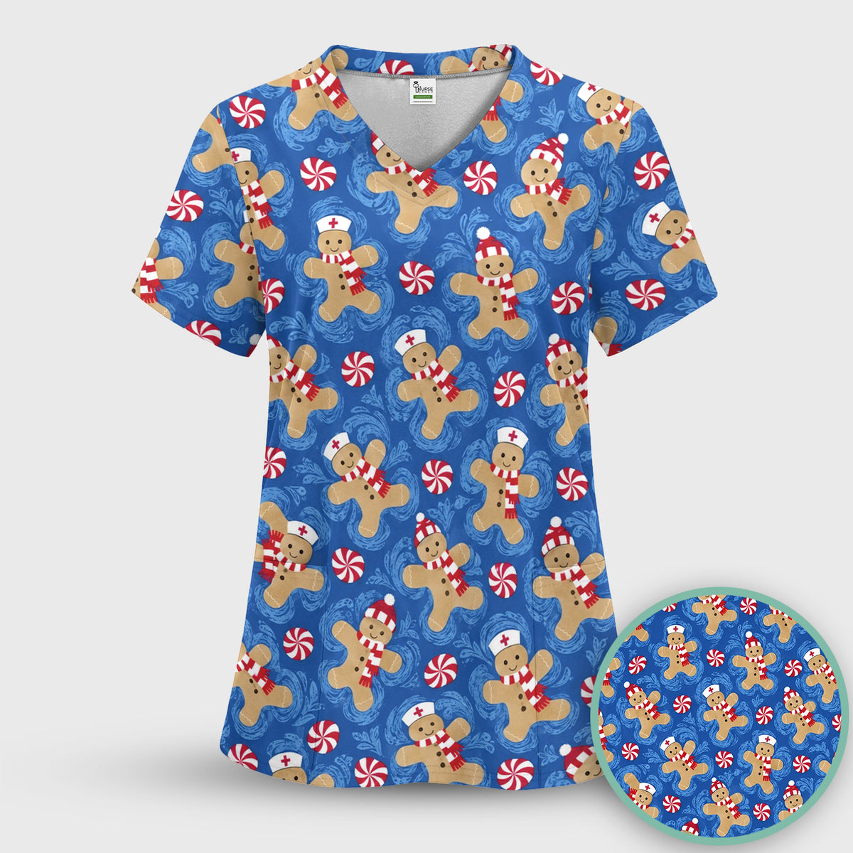 Christmas Gingerbread Nurses & Peppermint Pattern Scrub Top, Comfortable Scrubs for Nurses