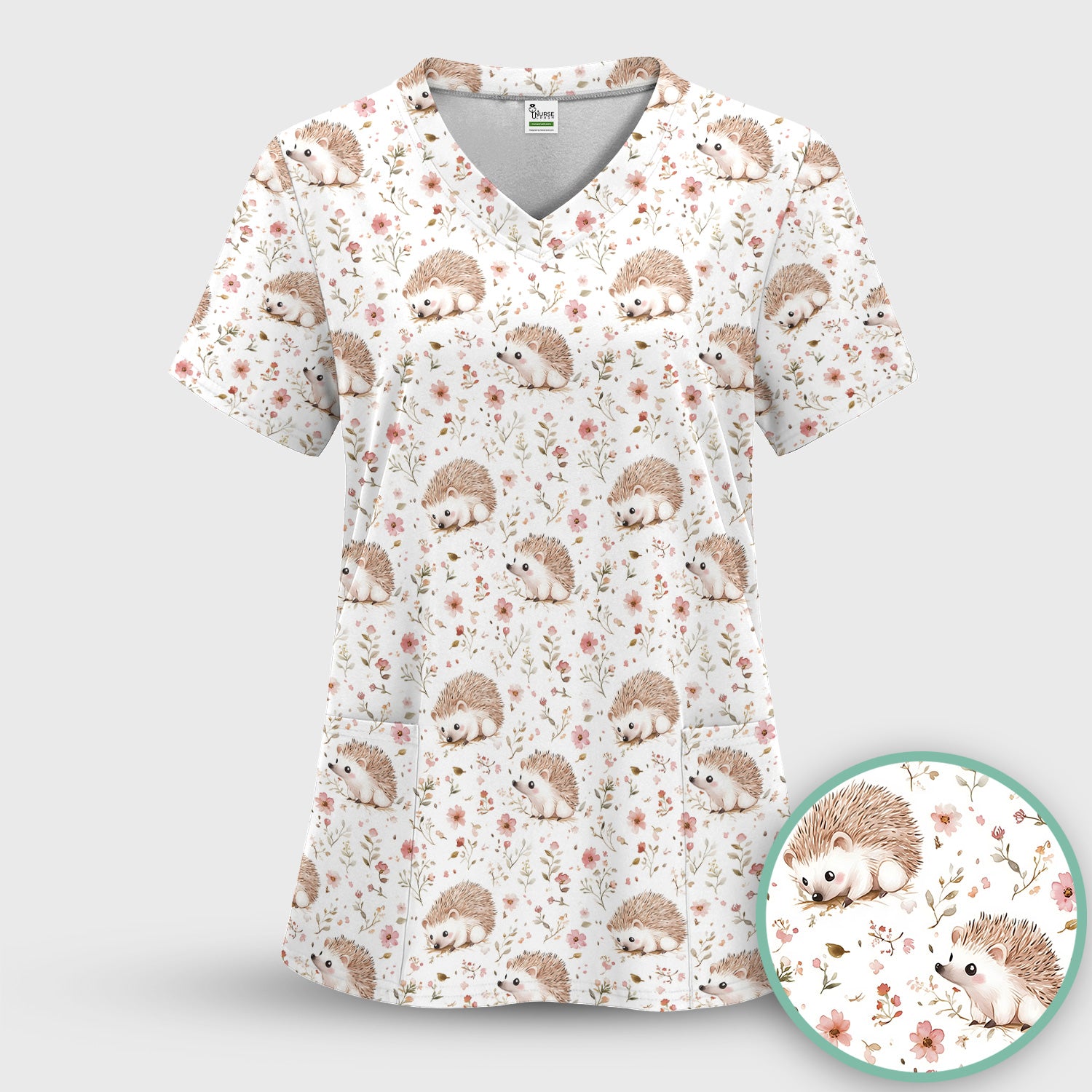 Cute Hedgehog Wildflower Garden Pattern Scrub Top, Comfortable Scrubs for Nurses