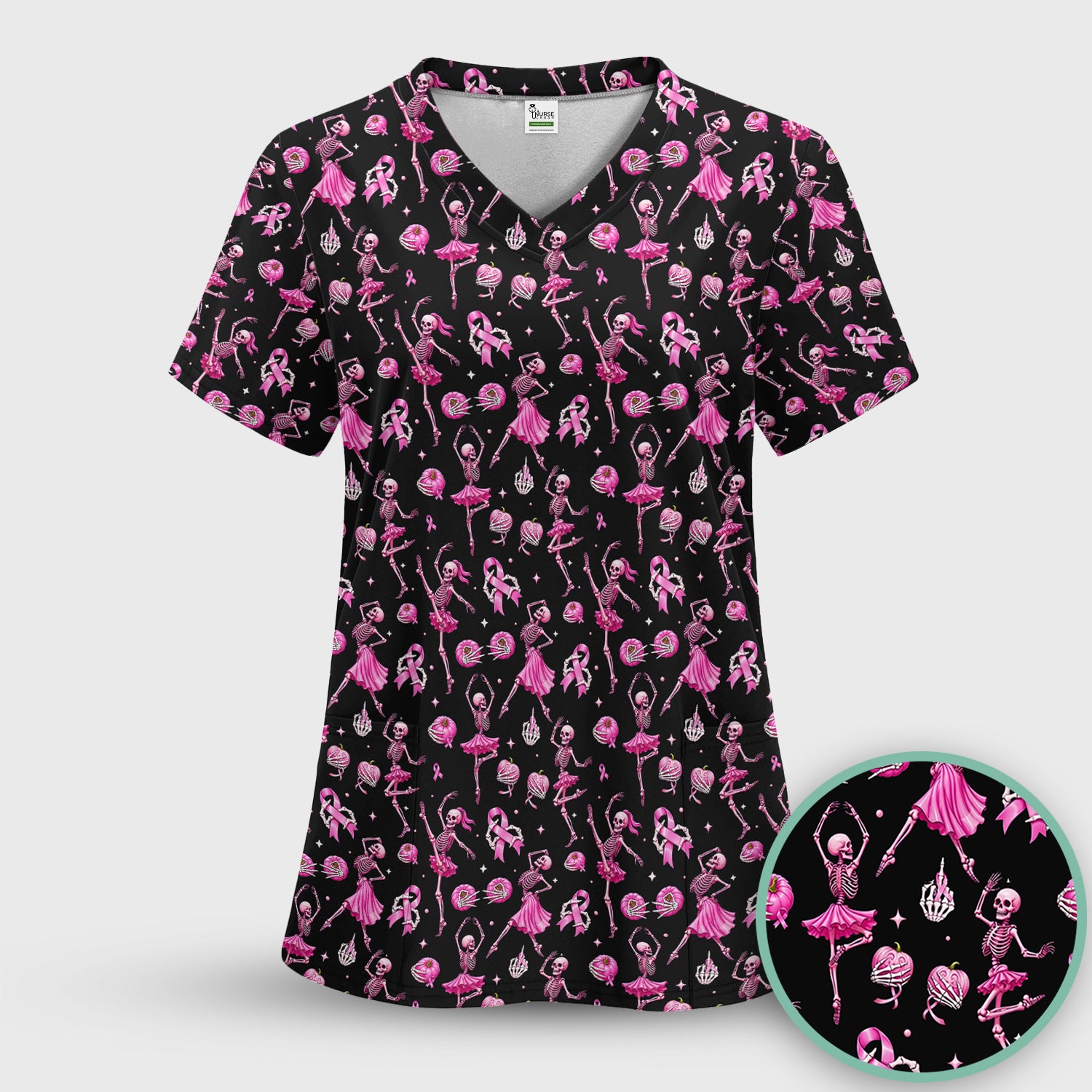 Pink Ribbon Skeleton Ballerina Print Scrub Top, Comfortable Scrubs for Nurses