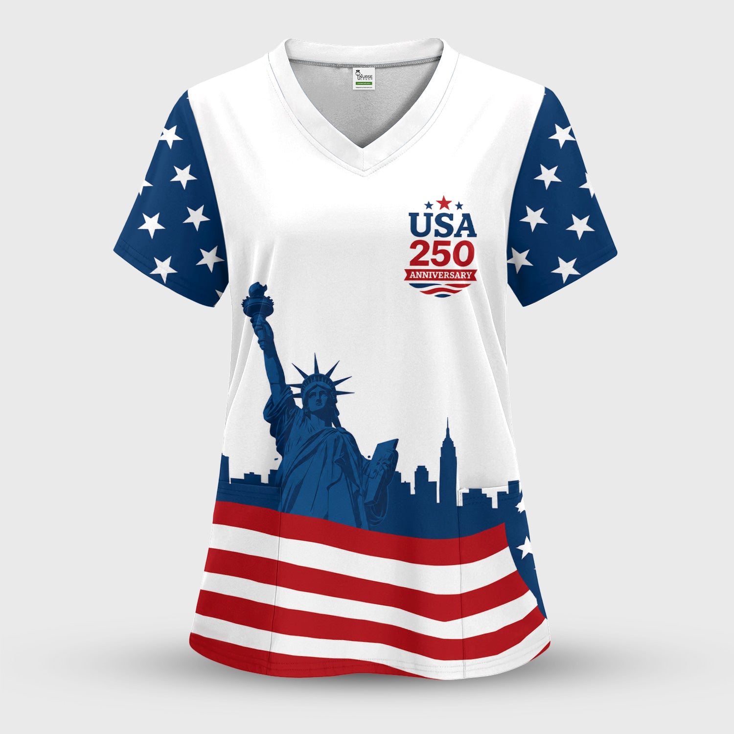 USA 250 Anniversary Patriotic Nurse Scrub Top for RN, CNA, Healthcare Workers Scrub Top, Comfortable Scrubs for Nurses