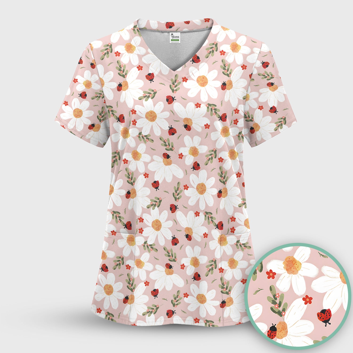 Daisy Ladybug Garden Blossom Pattern Scrub Set, Scrub Pants and V Neck Top