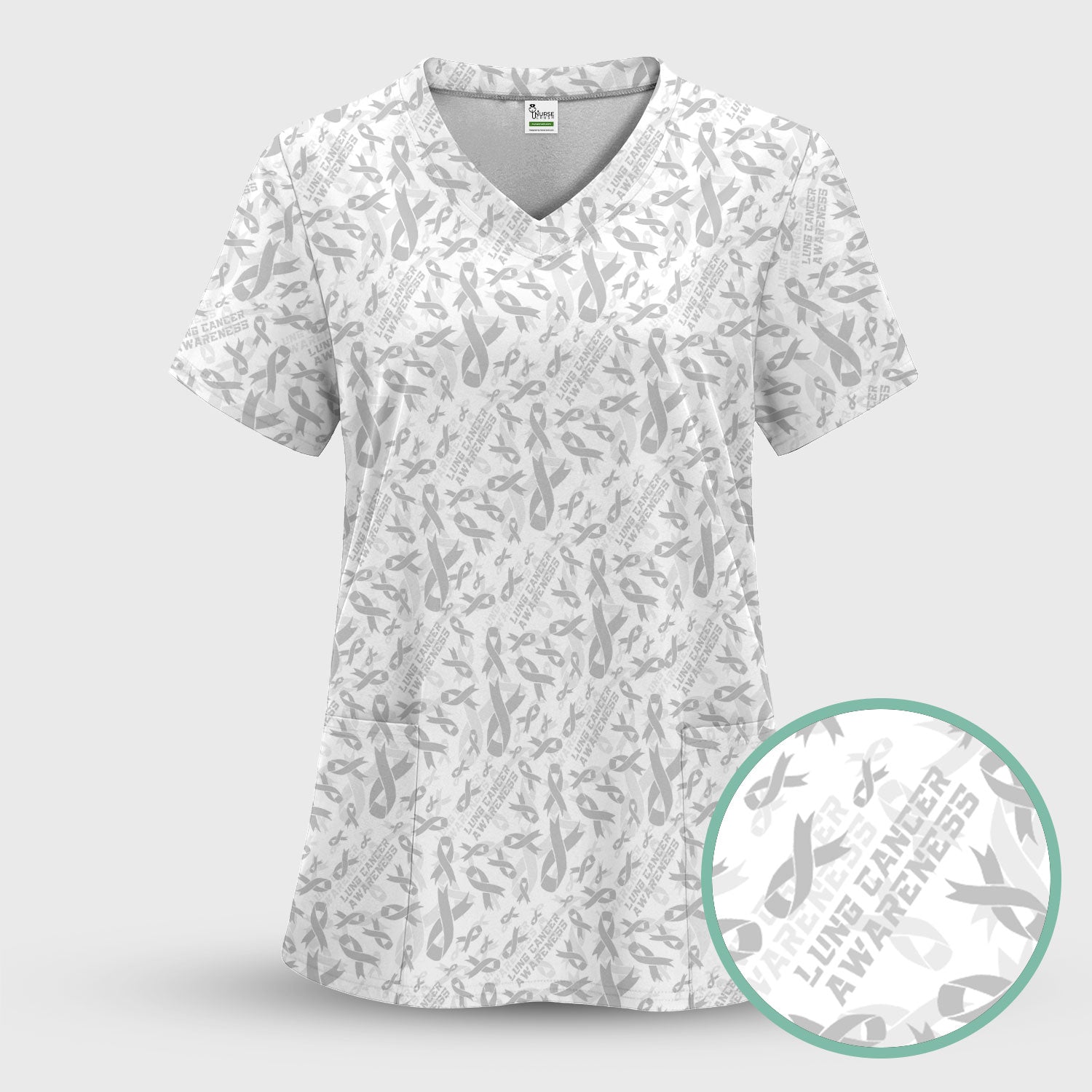 Lung Cancer Awareness Scrub Top - White Ribbon Support Nurse Shirt - Inspirational Gift for Survivors Fighters Caregivers & Families