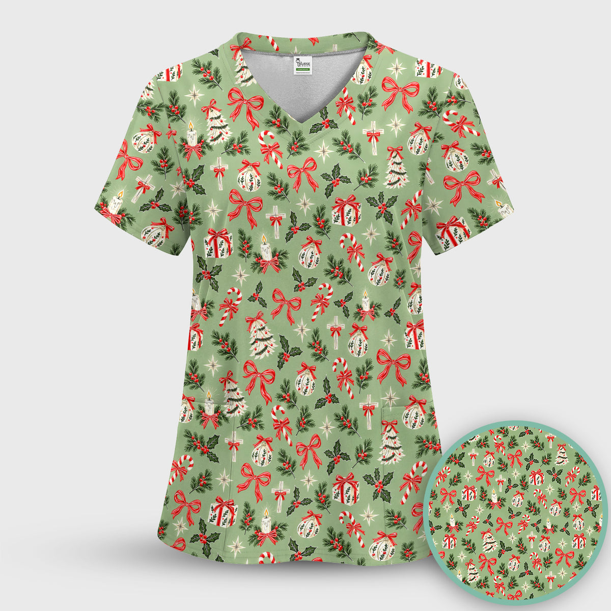 Christian Christmas Bows And Holly Scrub Top, Comfortable Scrubs for Nurses