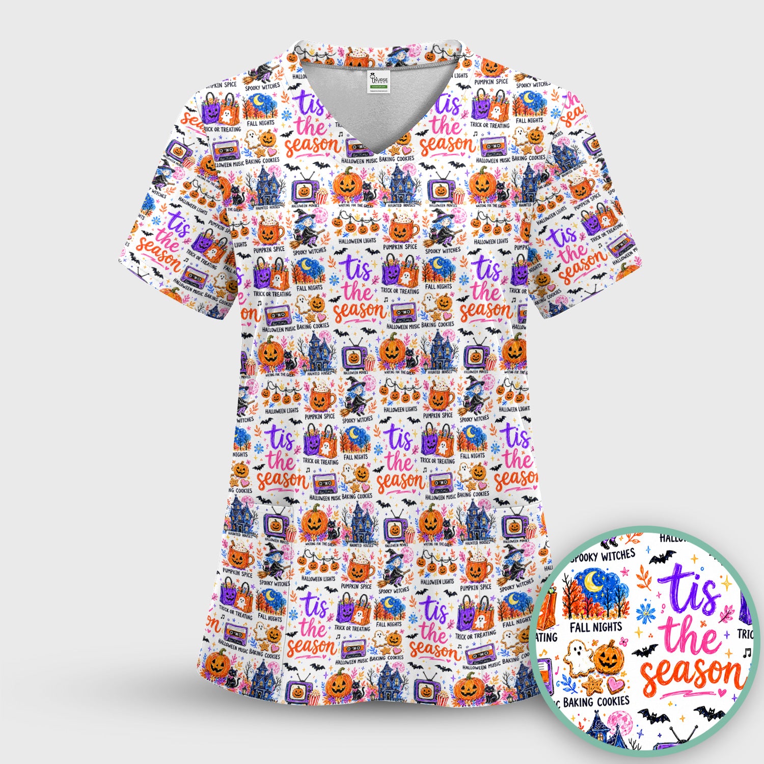 Pumpkin Ghost Spooky Season Print Scrub Set, Scrub Pants and V Neck Top