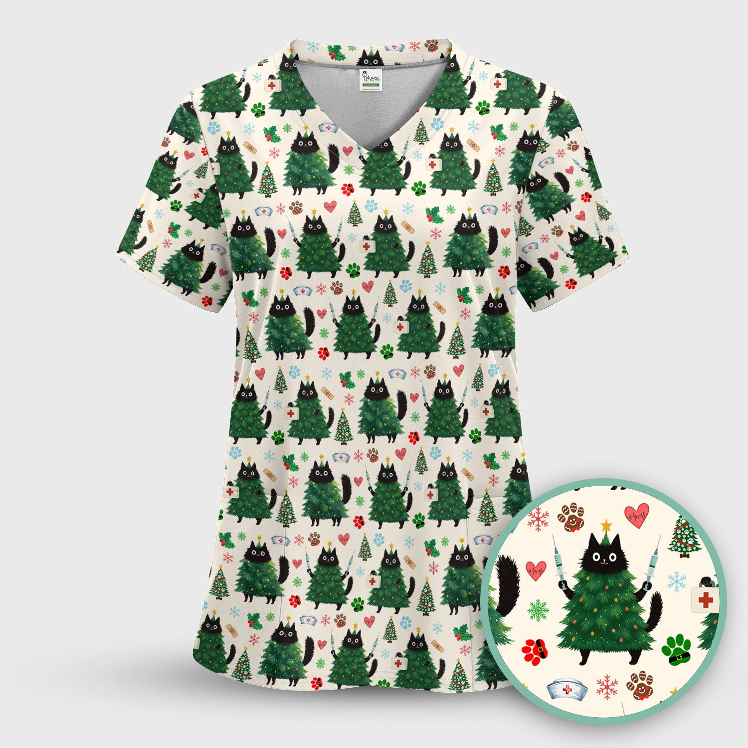 Christmas Nurse Scrub Top, Xmas Black Cat Pattern Nurse Shirt,  Breathable Fabrics Nursing Uniform
