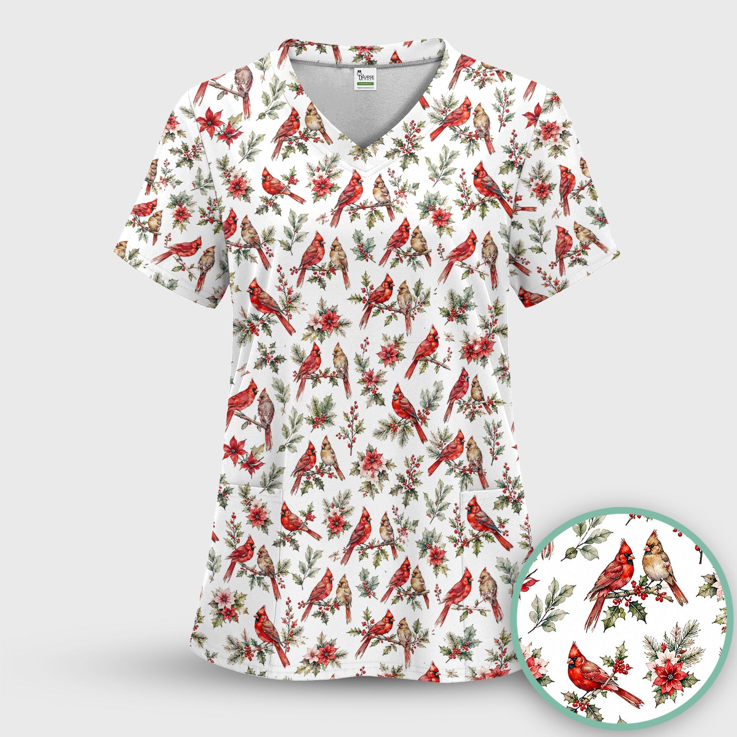 Festive Cardinal and Holly Scrub Set, Scrub Pants and V Neck Top