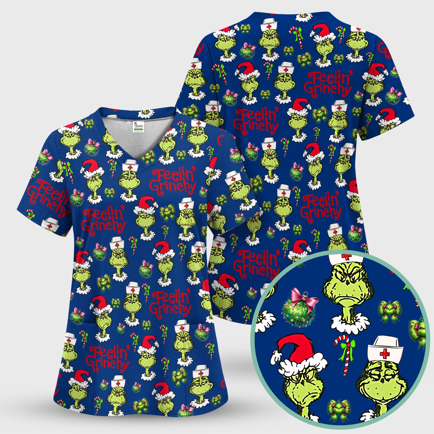 Grinch Nurse Christmas Scrub - Feelin‰۪ Grinchy Top - Funny Holiday Medical Uniform Gift for RN CNA LPN