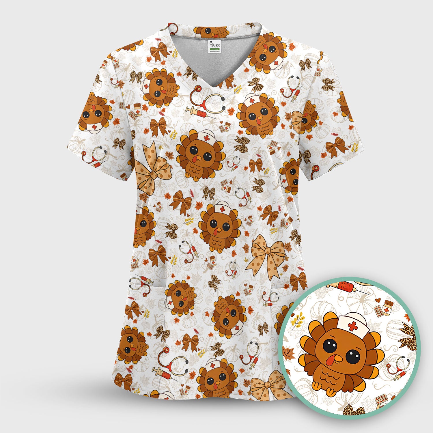 Thanksgiving Turkey Nurse Scrub Top for Women - Cute Fall Leaves and Bow Shirt - Autumn Medical Shirt Gift for RN CNA LPN Doctor