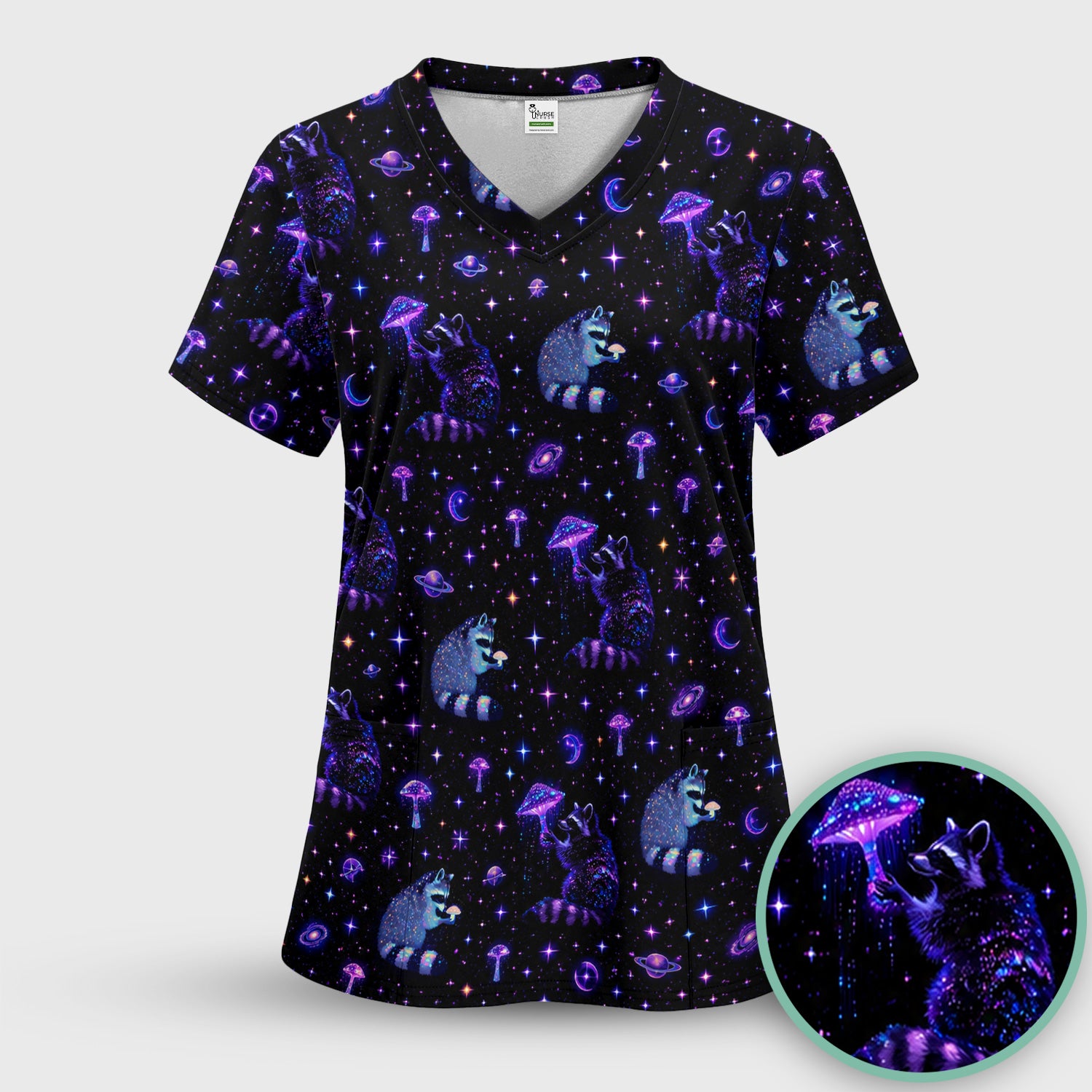 Cute Raccoon Mushroom Galaxy Pattern Scrub Top, Comfortable Scrubs for Nurses