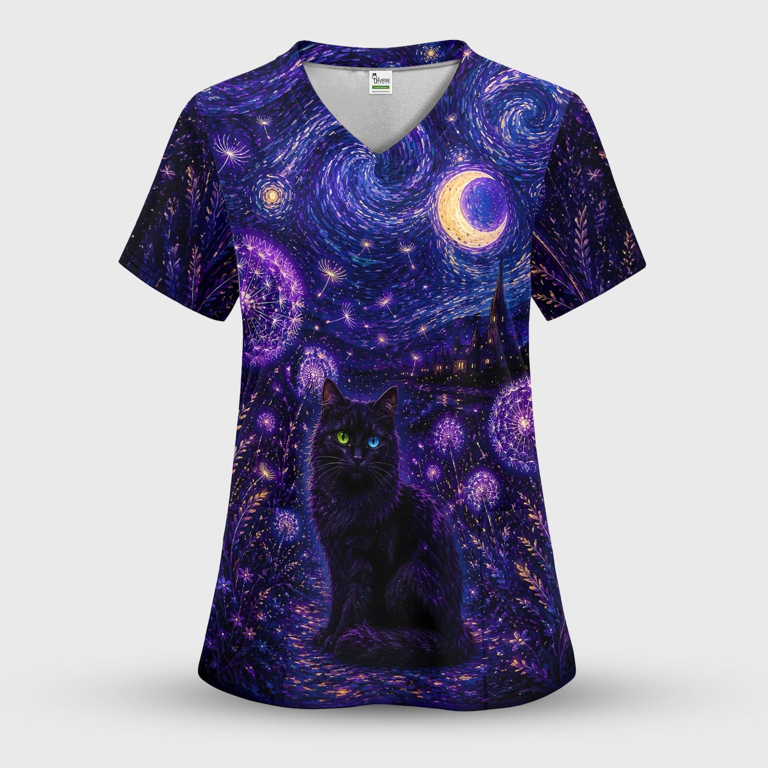 Mystical Black Cat Starry Night Print Scrub Top, Comfortable Scrubs for Nurses