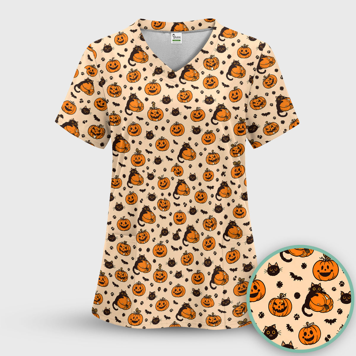 Cute Halloween Black Cat And Pumpkins Scrub Top, Comfortable Scrubs for Nurses