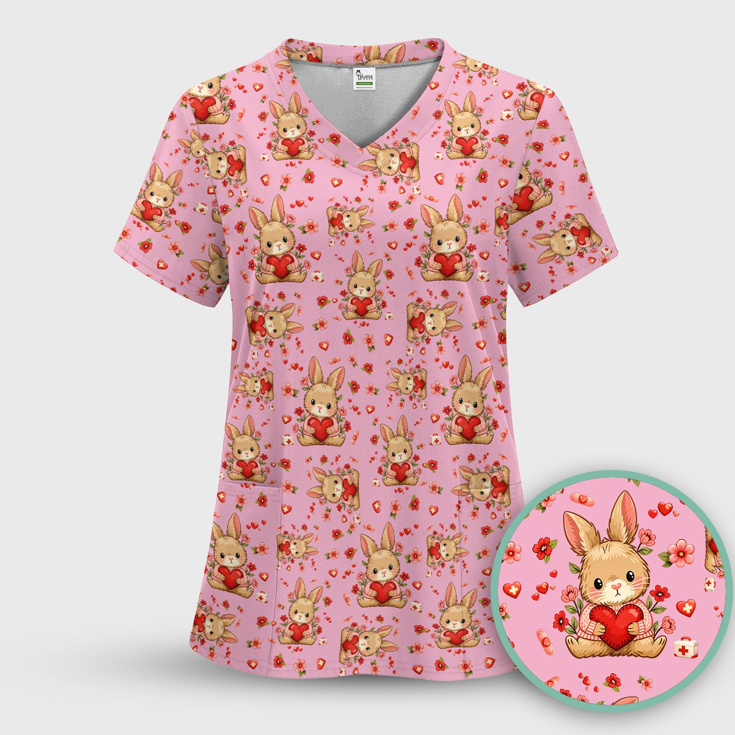 Adorable Bunny Heart Healthcare Design Scrub Top, Comfortable Scrubs for Nurses, Easter