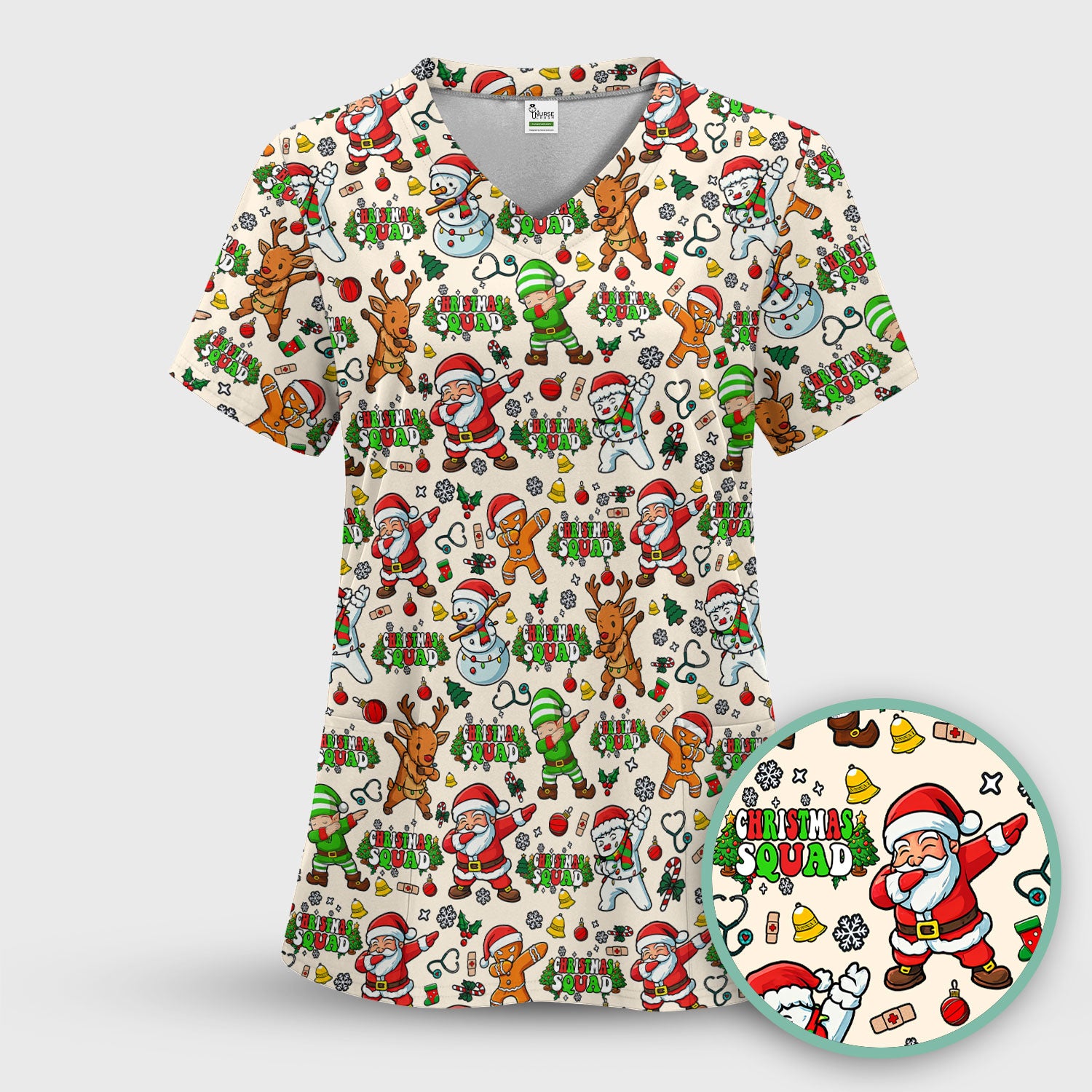 Christmas Squad Scrub Top - Funny Santa & Reindeer Shirt - Cute Holiday Medical Uniform for Nurses, Doctors & Vet Techs