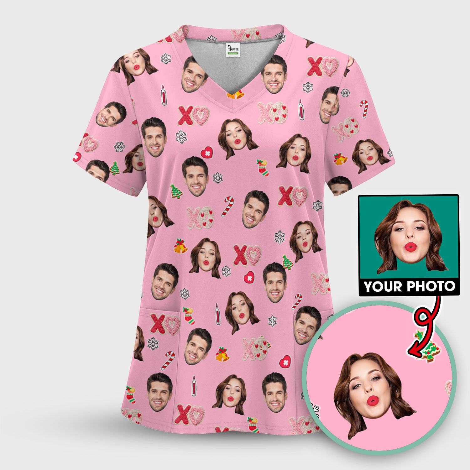 Personalized Photo Scrub Top, Custom Face XOXO Scrub Shirt, Breathable Fabrics Nursing Uniform