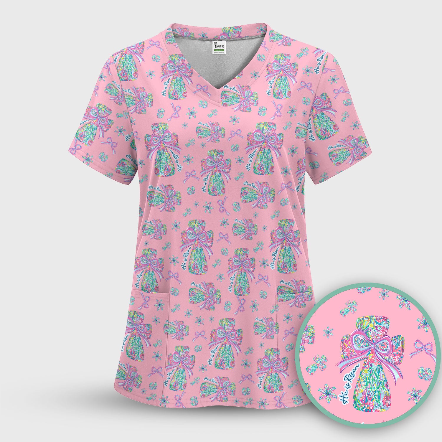 Colorful Bow Pattern Scrub Top, Breathable Fabrics Nursing Uniform