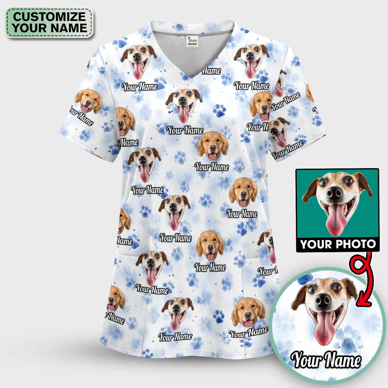 Custom Dog Face with Paw Print Scrub Set, Scrub Pants and V Neck Top