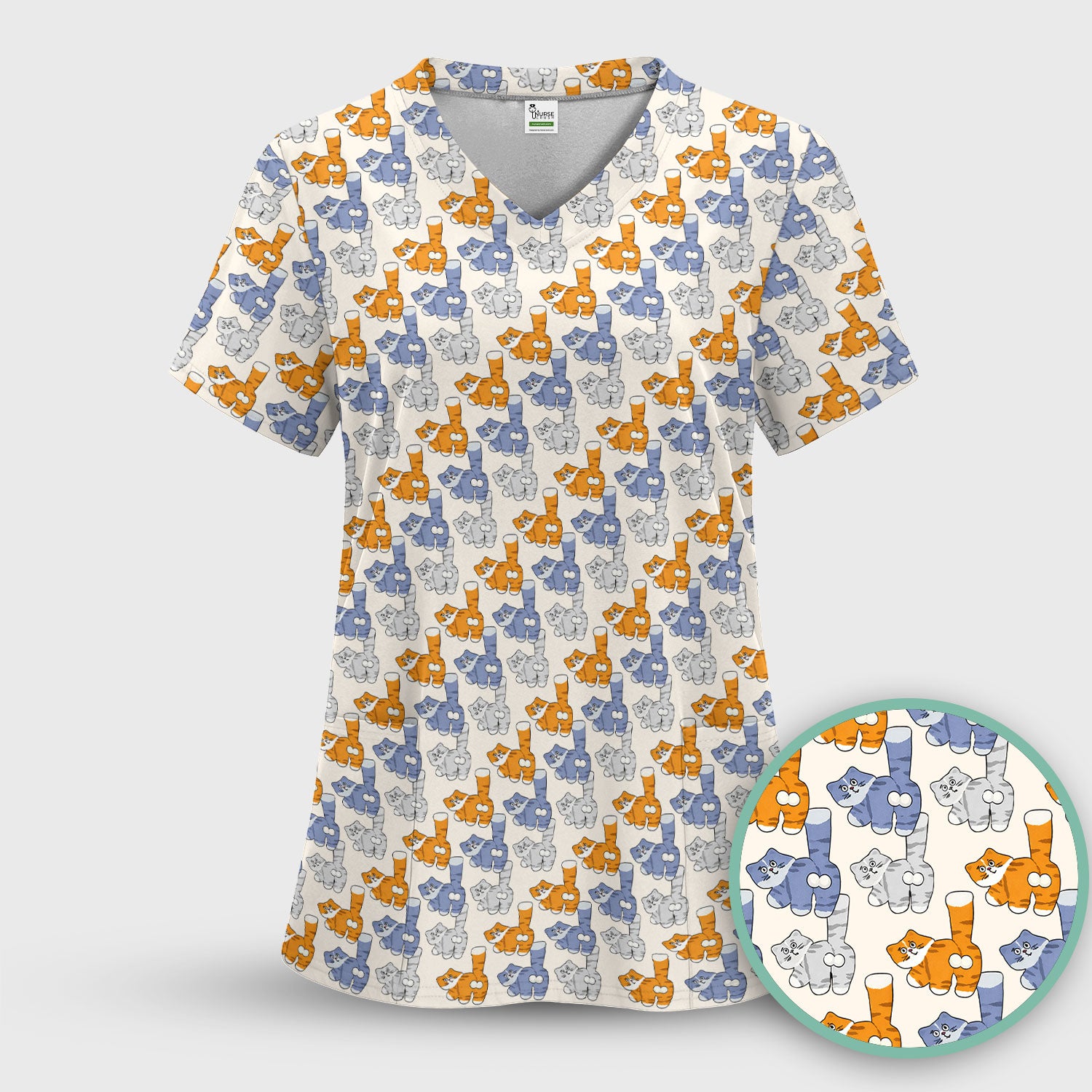 Cute Cartoon Cat Pattern Scrub Top for Nurses, Comfortable Scrubs for Nurses