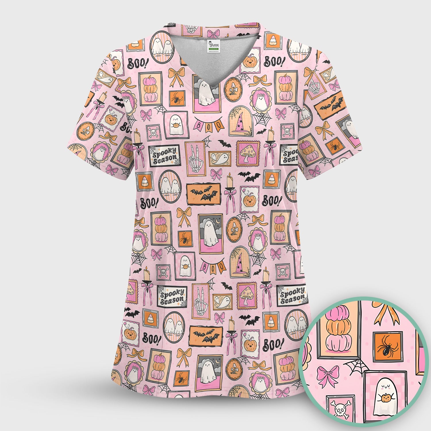 Pink Halloween Ghost Gallery Print Scrub Top, Comfortable Scrubs for Nurses