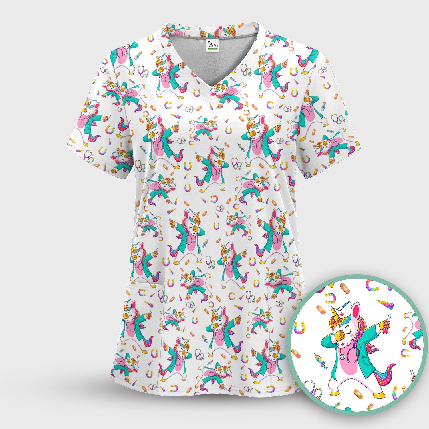 Cute Unicorn Nurse Dance Pattern Scrub Top, Breathable Fabrics Nursing Uniform